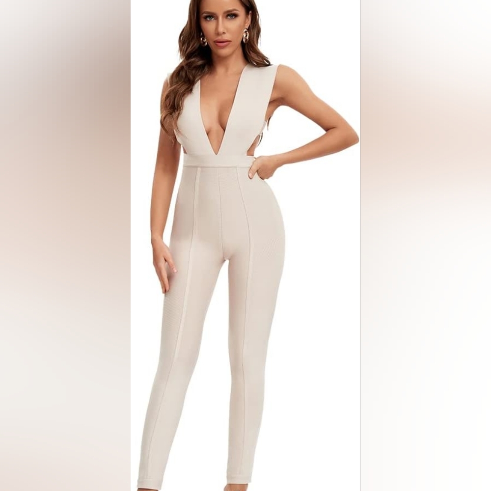 Nude Beige Medium Plunge Cut Out Bandage Bodycon Jumpsuit